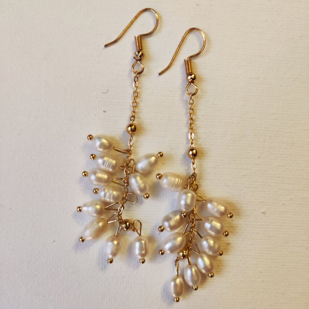 Genuine pearl dangle earrings 3" length